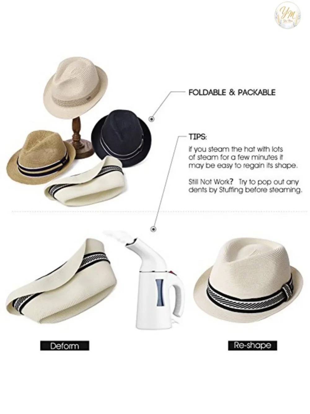 Packable Straw Fedora Sun Hat with UPF 50 for Travel Beach
